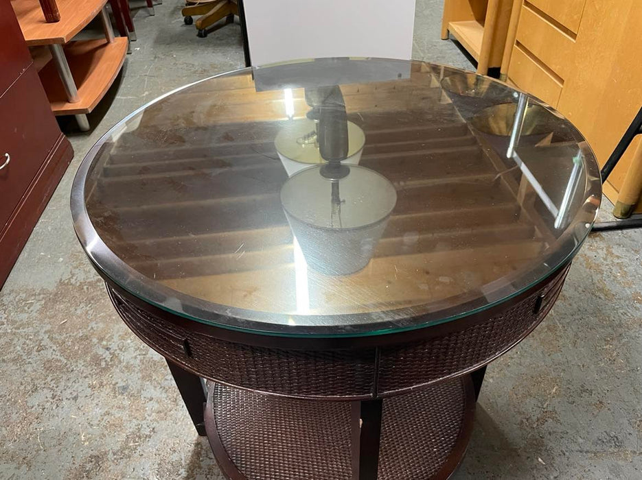 Dark wood Round Side Table with glass top