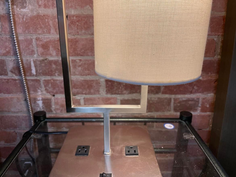 Square base chrome Table Lamp with outlets