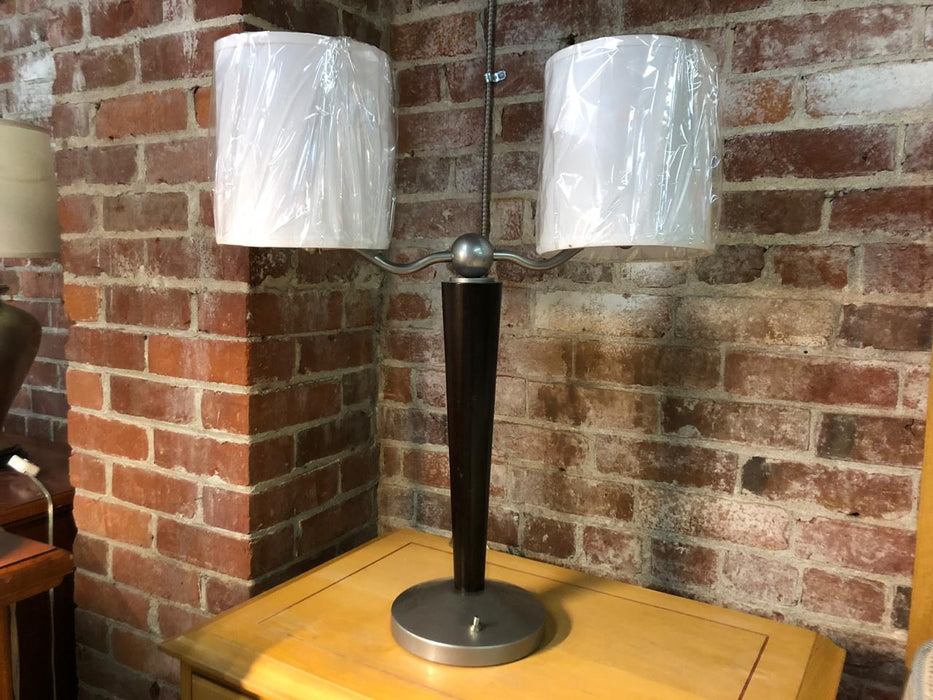 Double Bulb Dark Wood Cone Table Lamp