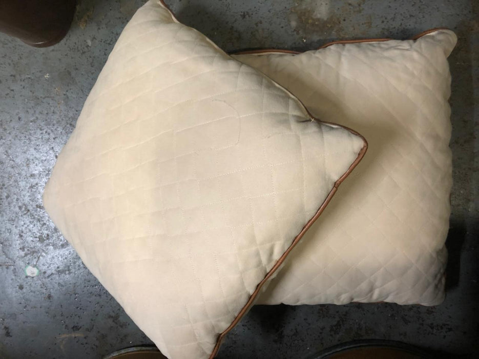 Decorative Pillow Quilted Off White with Brown Leather Trim