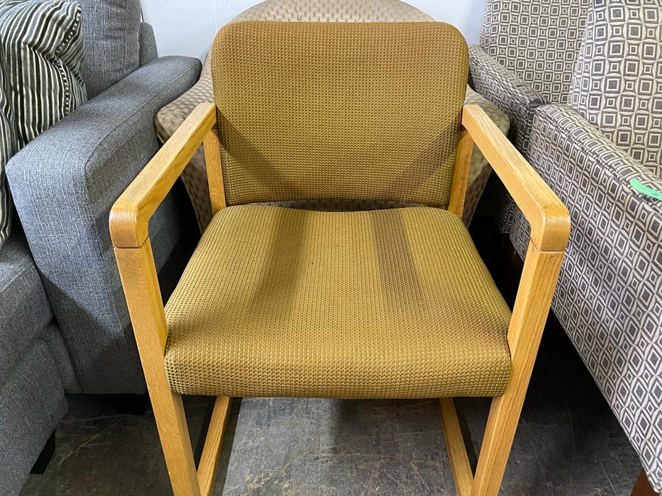 Wood Arm Chairs with Mustard/Olive upholstery