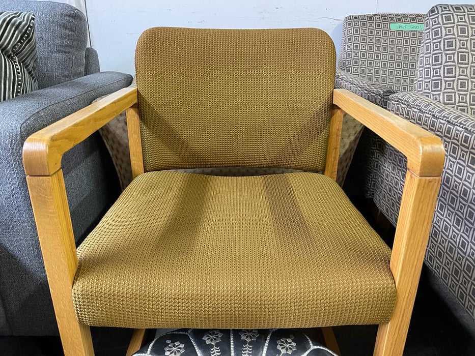 Wood Arm Chairs with Mustard/Olive upholstery