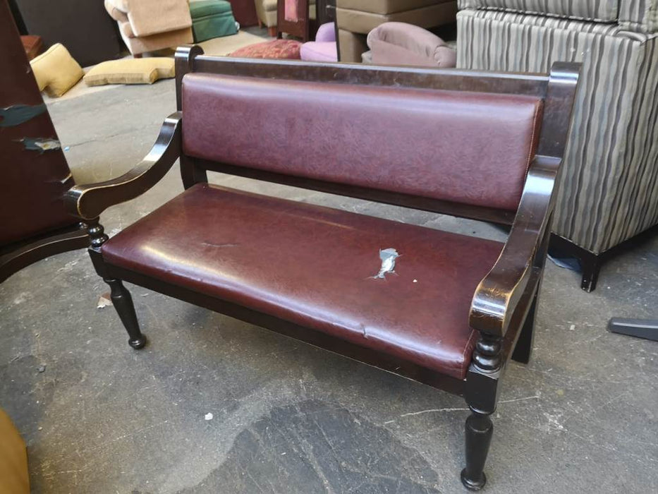 Wood Bench with Brown Upholstery
