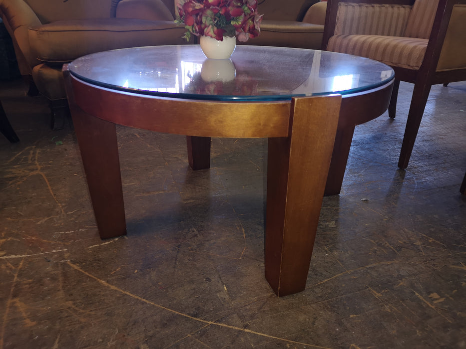 Round Wood Coffee Table with Glass Top FSW