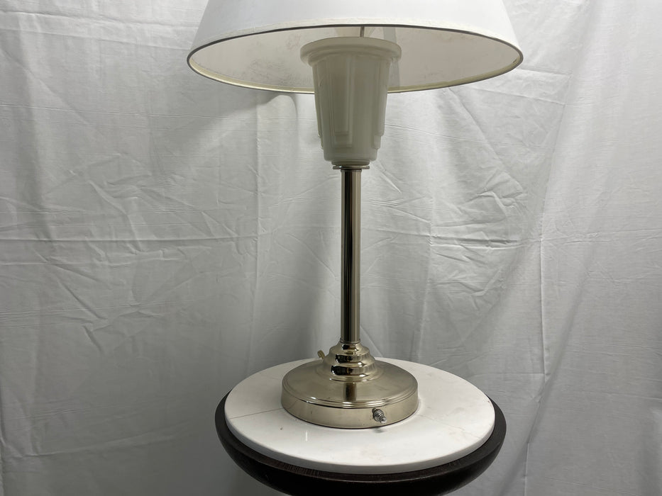 Silver table lamp with white glass detail