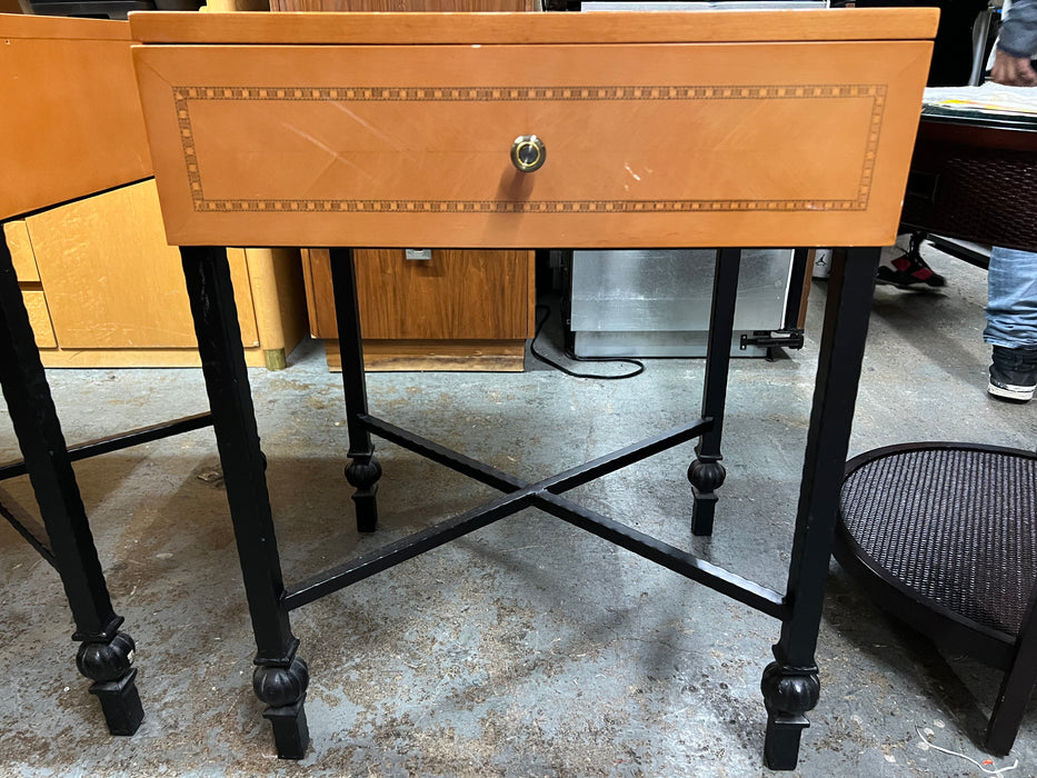 Honey color bedside table with iron legs
